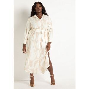 Eloquii Cream and Beige Swirl Maxi Shirt Dress